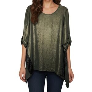 Chicos Olive Green & Gold Shimmer short sleee tunic with assymetrical hem Medium
